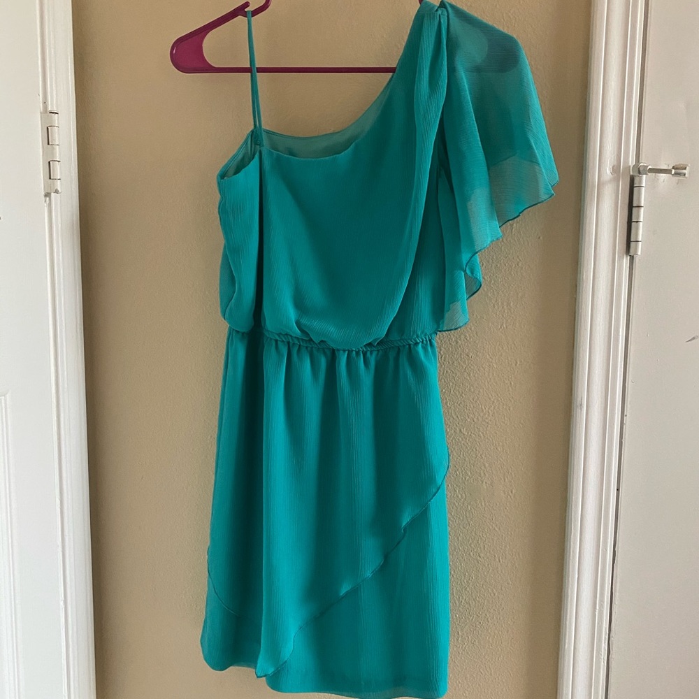 Teal one shoulder mini dress